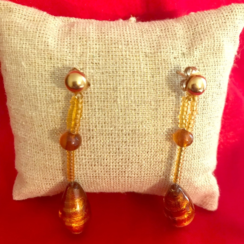 Glass Beaded Amber Golden Lustre Fashion Earrings
